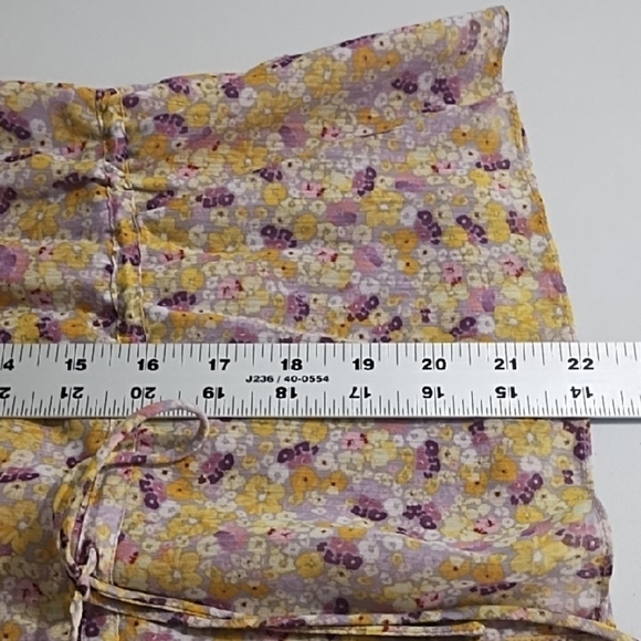 Yellow & Lavendar Floral Peplum Button Up Blouse with Flutter Sleeves Low V-Neck - Picture 6 of 9